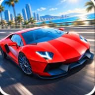 Ultimate Car Driving Simulator MOD APK icon – red mid-engined supercar with blue-lit headlights speeding along a palm-lined coastal road with a city skyline behind