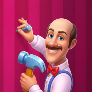 Ícone do Homescapes MOD APK – o mordomo Austin segurando um martelo e um prego diante de uma parede listrada rosa