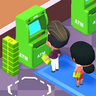 Idle Bank Tycoon MOD APK icon – customers queuing at green ATMs next to a stack of cash