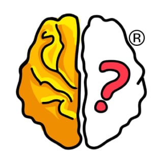 Ikon Brain Out MOD APK – otak kartun terbelah dua, separuh kiri oranye-kuning dan separuh kanan putih dengan tanda tanya merah