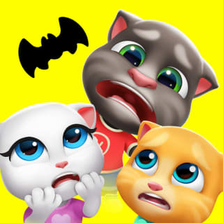 Ícone do My Talking Tom Friends MOD APK – o gato cinza Tom, a gata branca Angela e o gatinho laranja Ginger encolhidos de medo de um morcego preto sobre um fundo amarelo de Halloween
