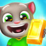 Ikon Talking Tom Gold Run MOD APK – Talking Tom berkaus hijau menyeringai sambil mengangkat batang emas mengilap dengan latar biru