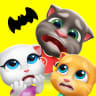 Ikon My Talking Tom Friends MOD APK – kucing abu-abu Tom, kucing putih Angela dan anak kucing oranye Ginger berkerumun ketakutan melihat kelelawar hitam di latar kuning bertema Halloween