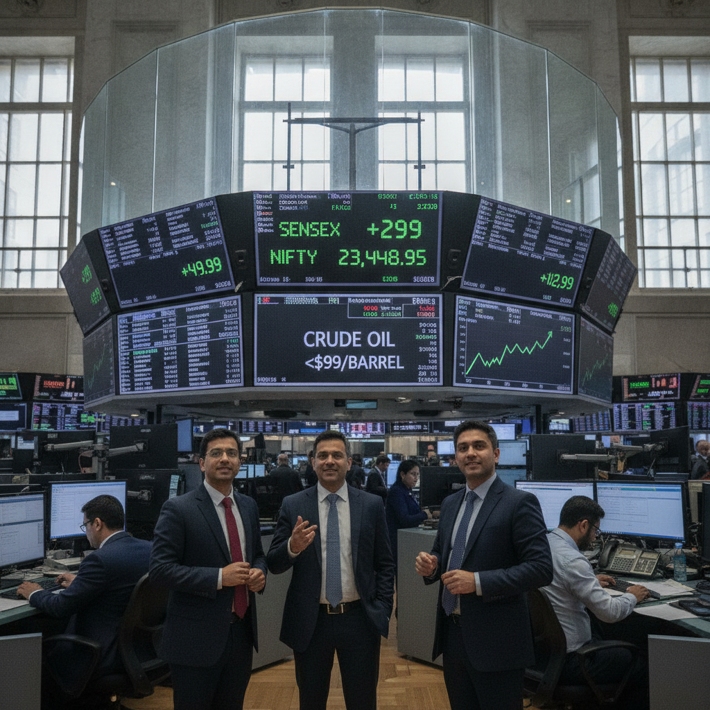 Sensex jumps 299 points, Nifty closes near 23,450 as oil dips below $99/barrel. What can trigger the next sharp rally on D-Street?