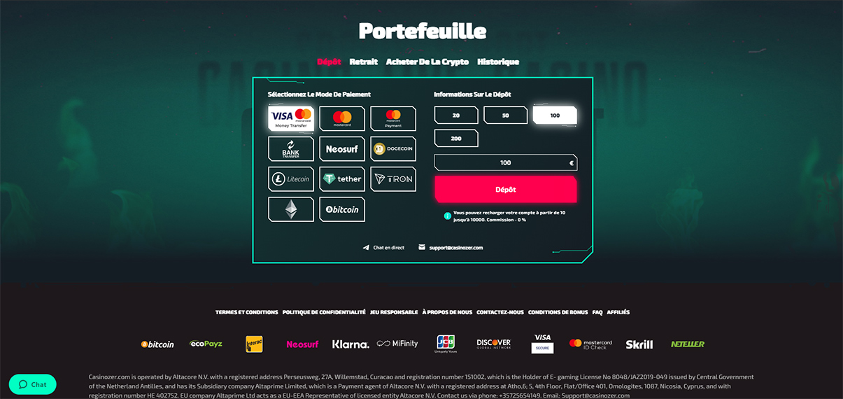 Image de présentation sur les depots sur le casino Casinozer