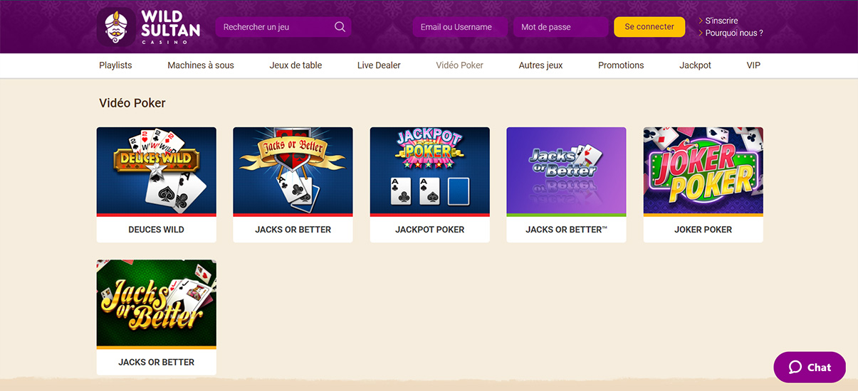 image de présentation video poker du casino Wild Sultan en France