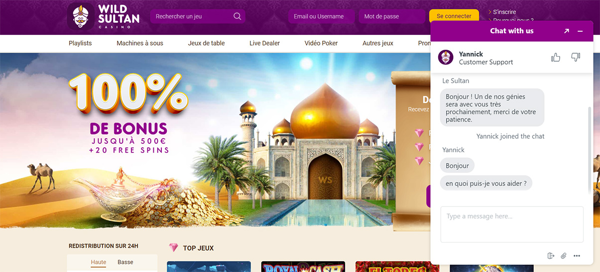 image de présentation chat en ligne du casino Wild Sultan en France