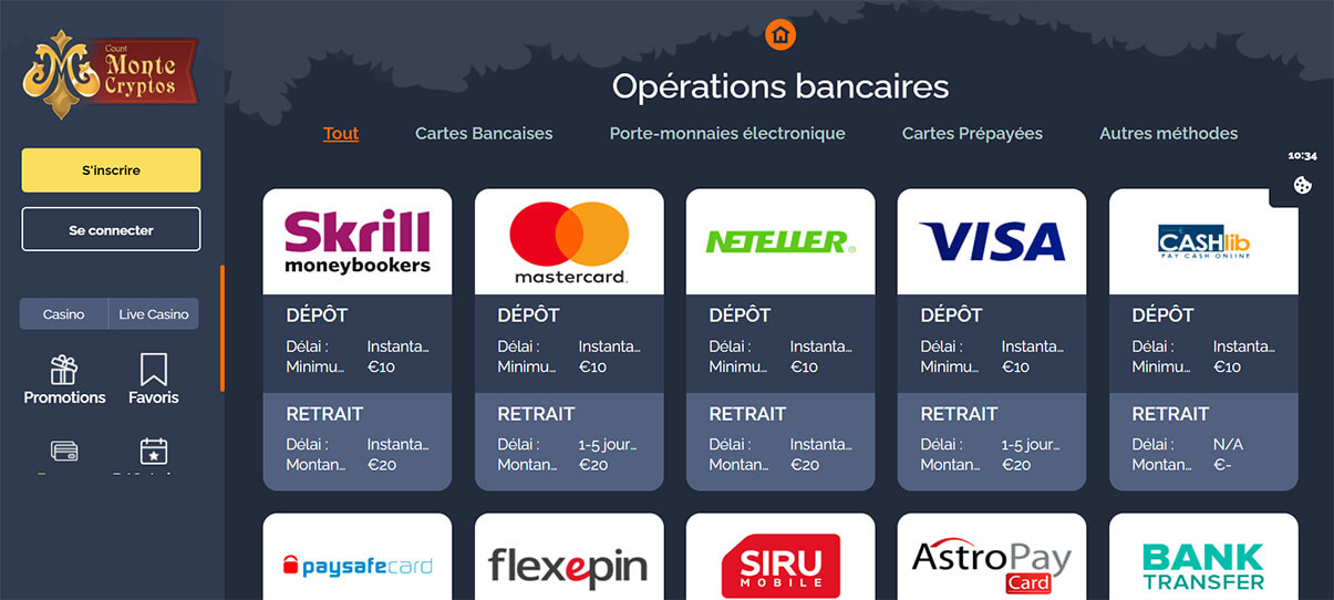 image de présentation moyens de paiements du casino Montecryptos en France
