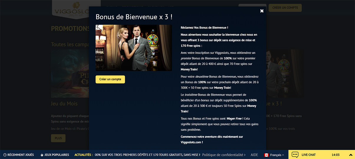 image de présentation bonus de bienvenue du casino viggoslots en France