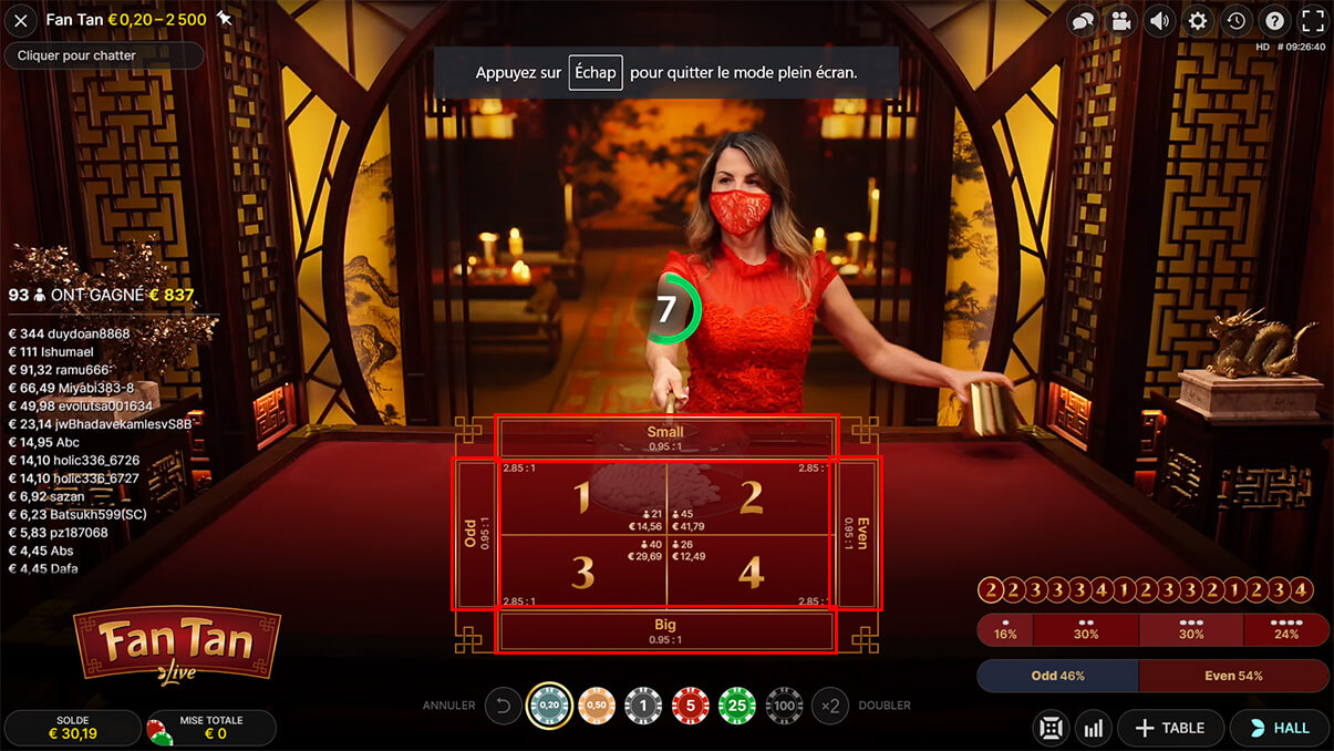 image de présentation des différentes mises du jeu live Fan Tan