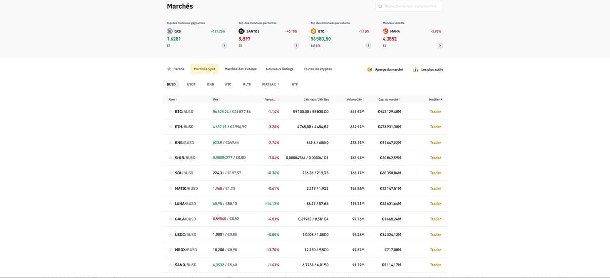 image de présentation des offres des cryptomonnaies de la plateforme binance