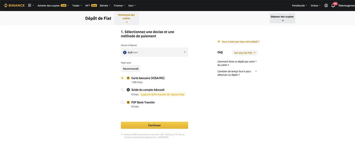image de présentation depot sur la plateforme binance