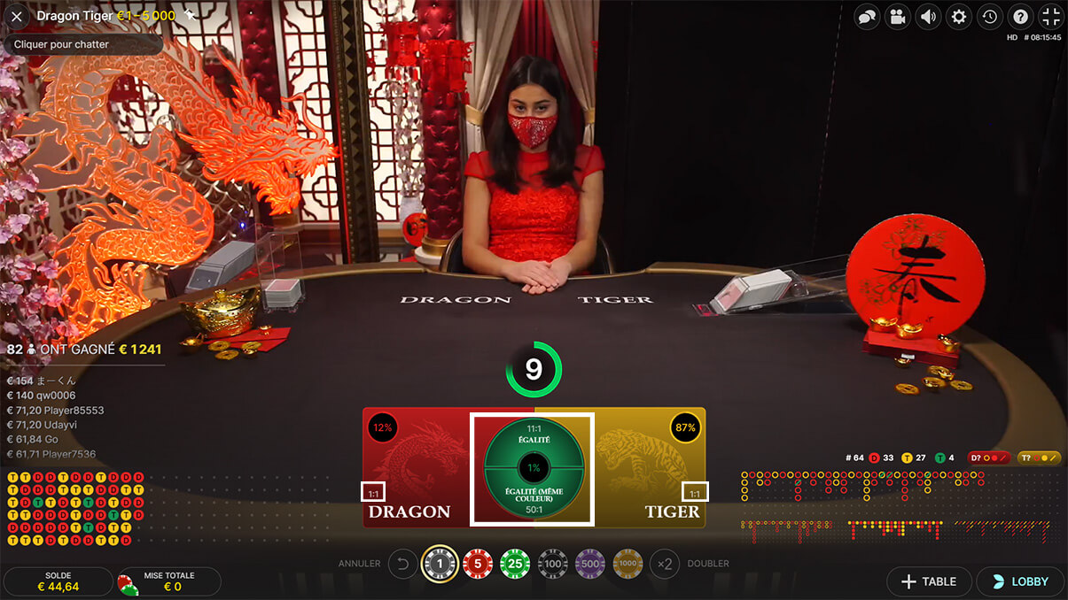 image de présentation valeurs gain du jeu live Dragon Tiger