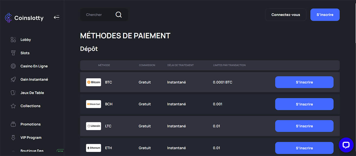 image de présentation paiement du casino en ligne Coinslotty