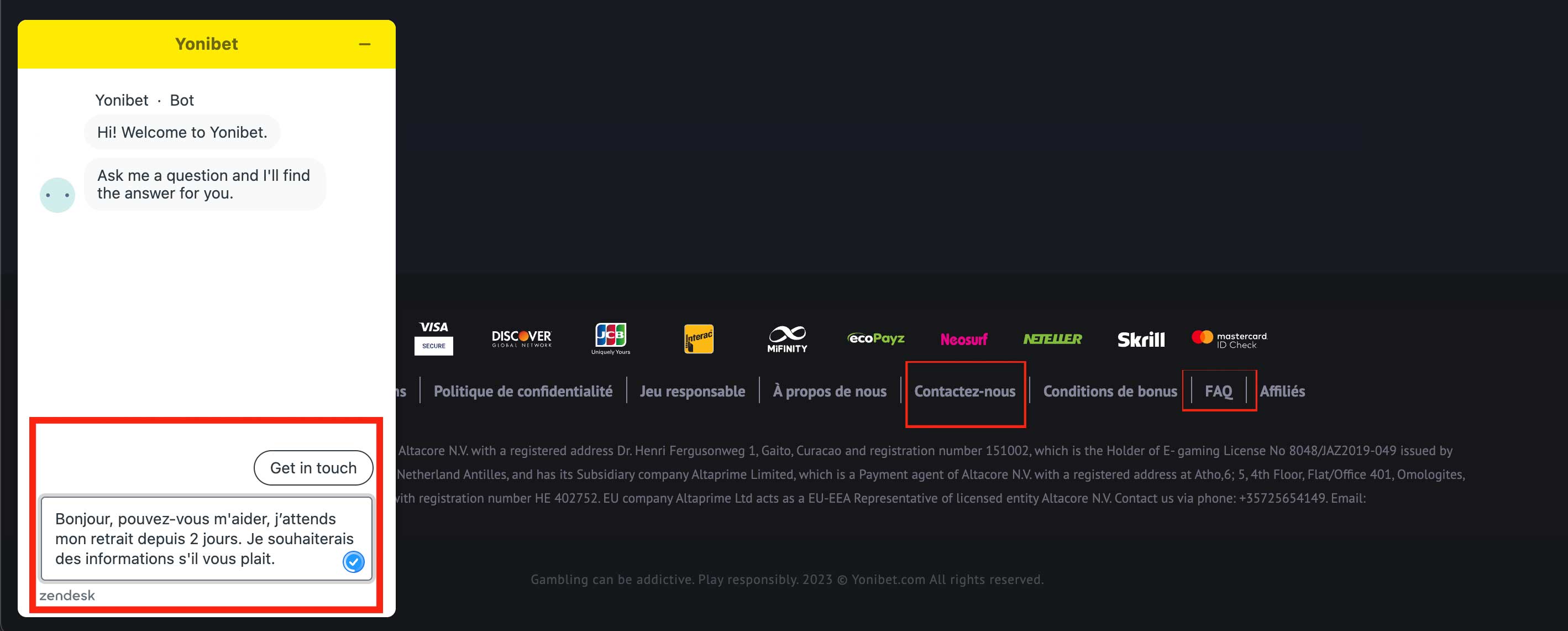 Support client sur le casino en ligne Yonibet
