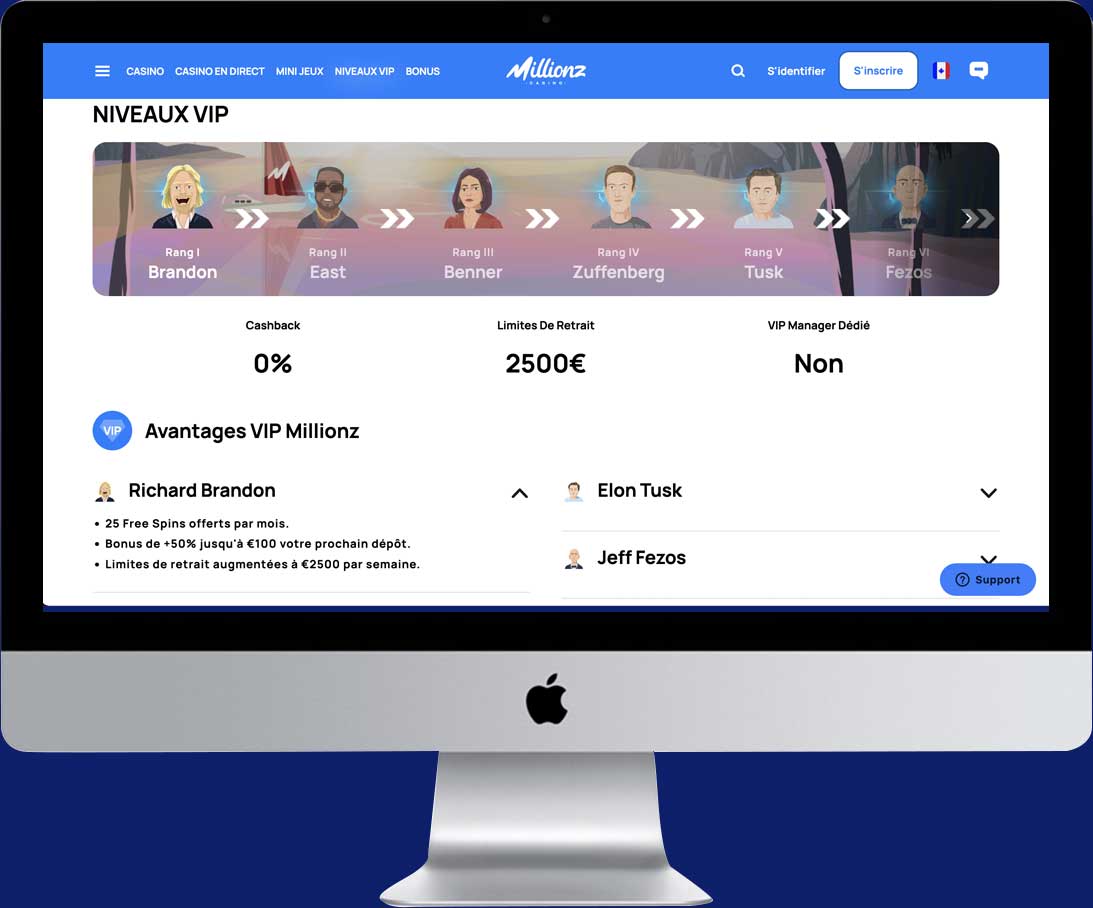 exemple du club VIP sur Millionz Casino