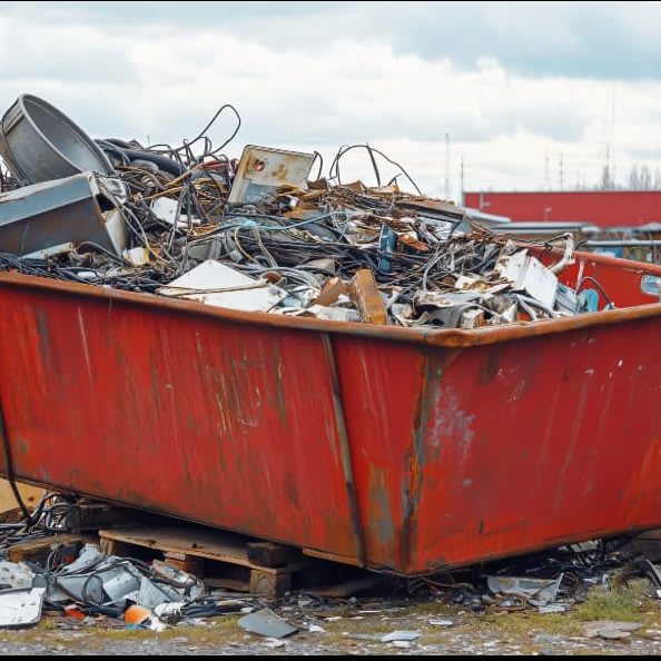 A large skip container filled with scrap metal and electrical cable at a scrapyard