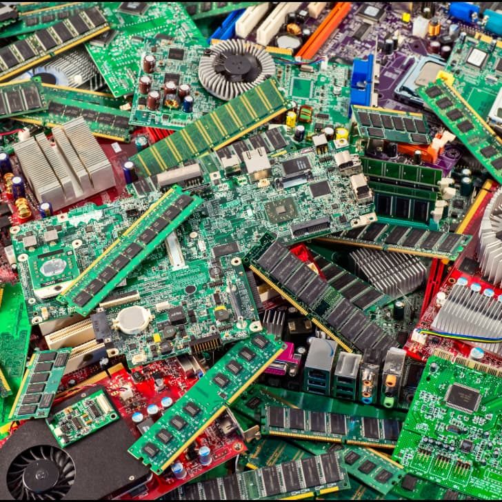 Computer scrap for recycling — motherboards, RAM modules, CPU heatsinks and circuit boards