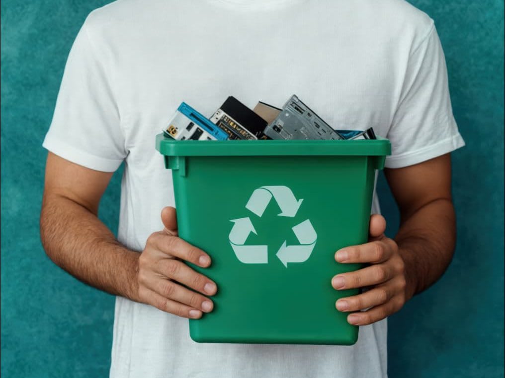 A green recycling bin filled with old hard drives and circuit boards collected for e-waste recycling in Chennai