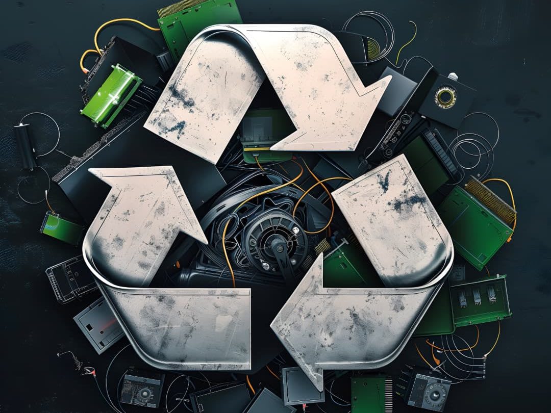 A recycling symbol formed from dismantled electronic components, circuit boards and cables