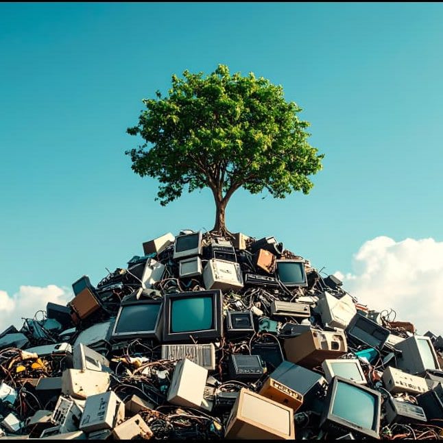 A tree growing on a mound of discarded electronics, representing responsible e-waste recycling