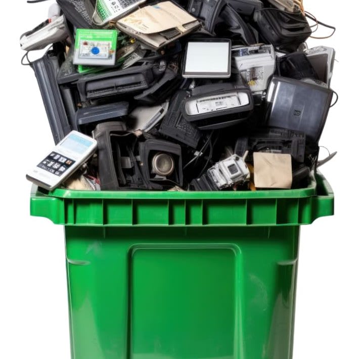 A wheeled recycling bin filled with old household electronics ready for e-waste collection