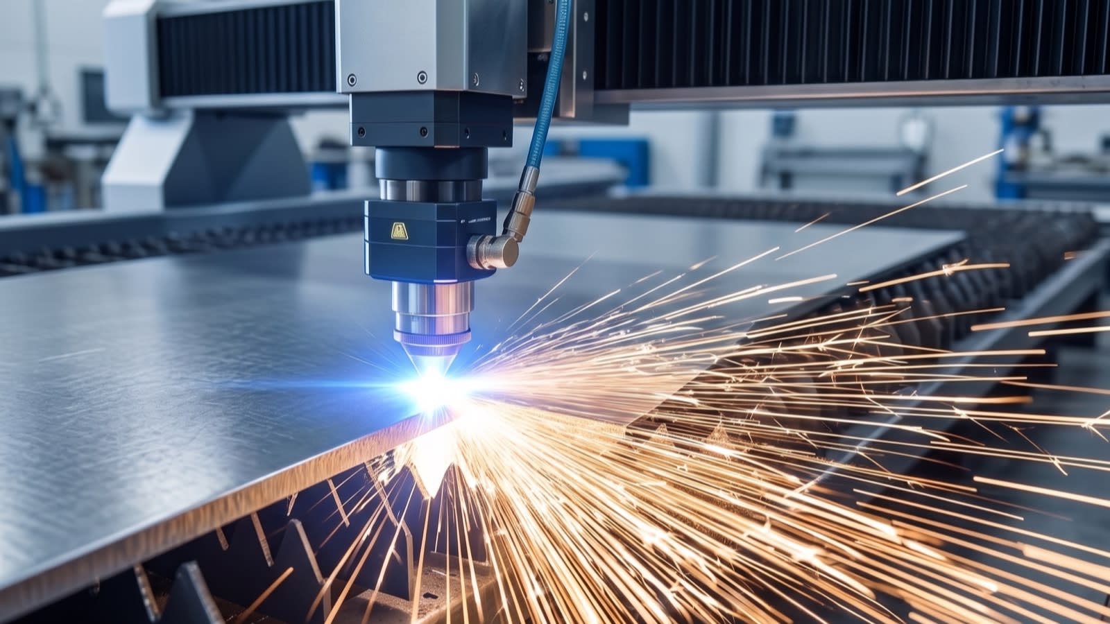 Laser cutting sheet metal in a fabrication workshop — where metal recovered from e-waste re-enters manufacturing
