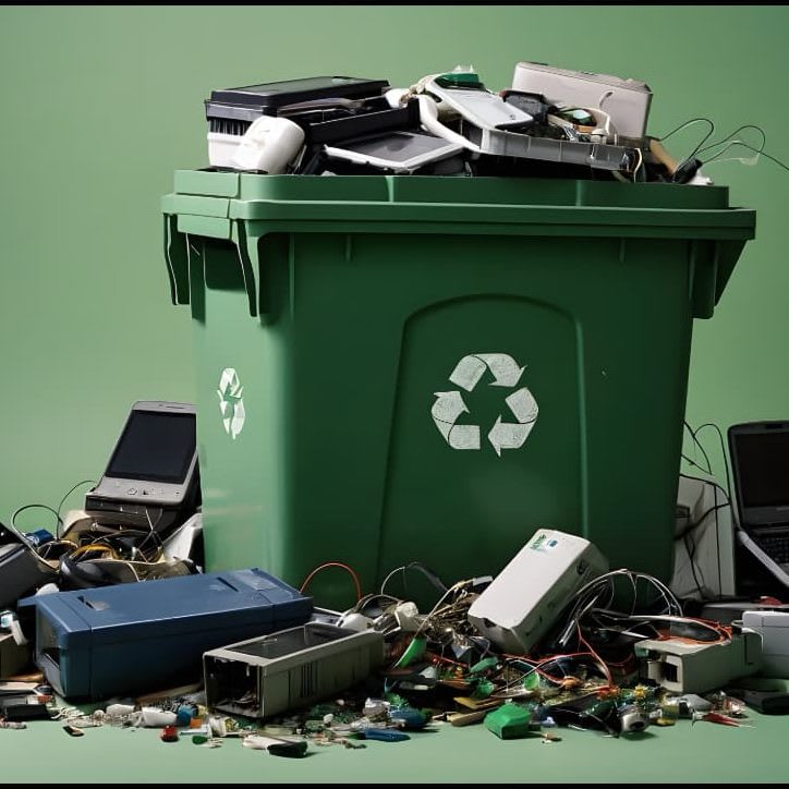 A recycling bin overflowing with mixed e-waste — laptop, printer, mobile phone and circuit boards