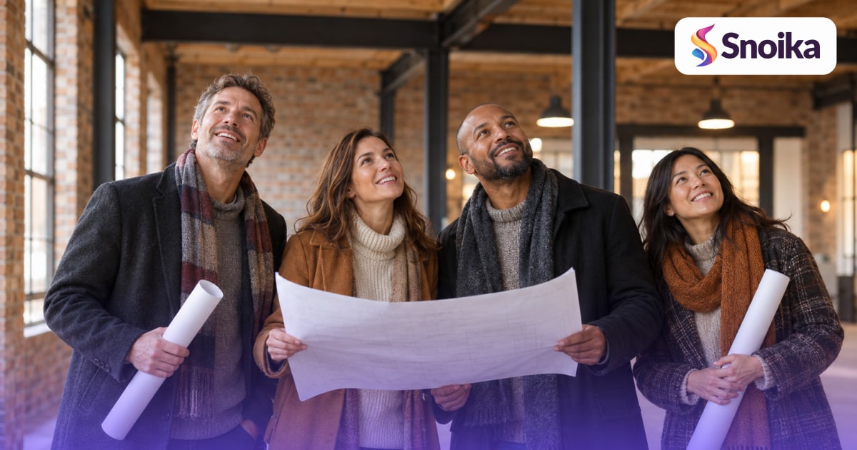 Four people in their forties in an industrial loft with brick walls and steel beams.