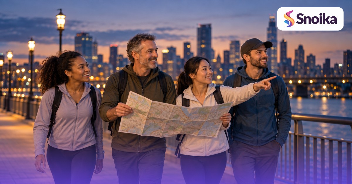 Four people, a mix of ages from twenties to fifties, in a city bridge walkway with the skyline behind.