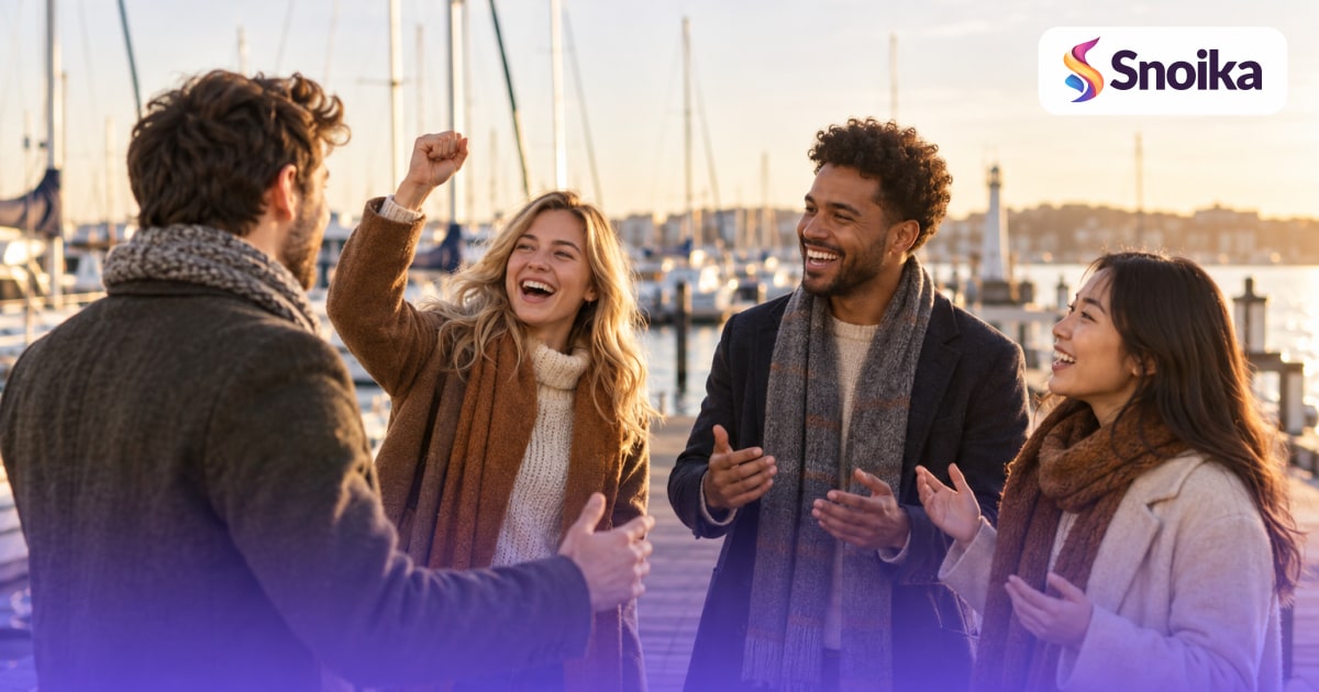Four people in their twenties in a harbour pier with boats and masts.