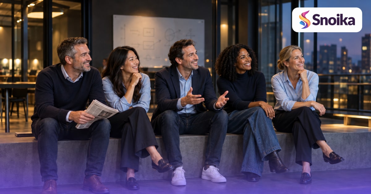 Five people in their forties in a glass-walled meeting room with a whiteboard.