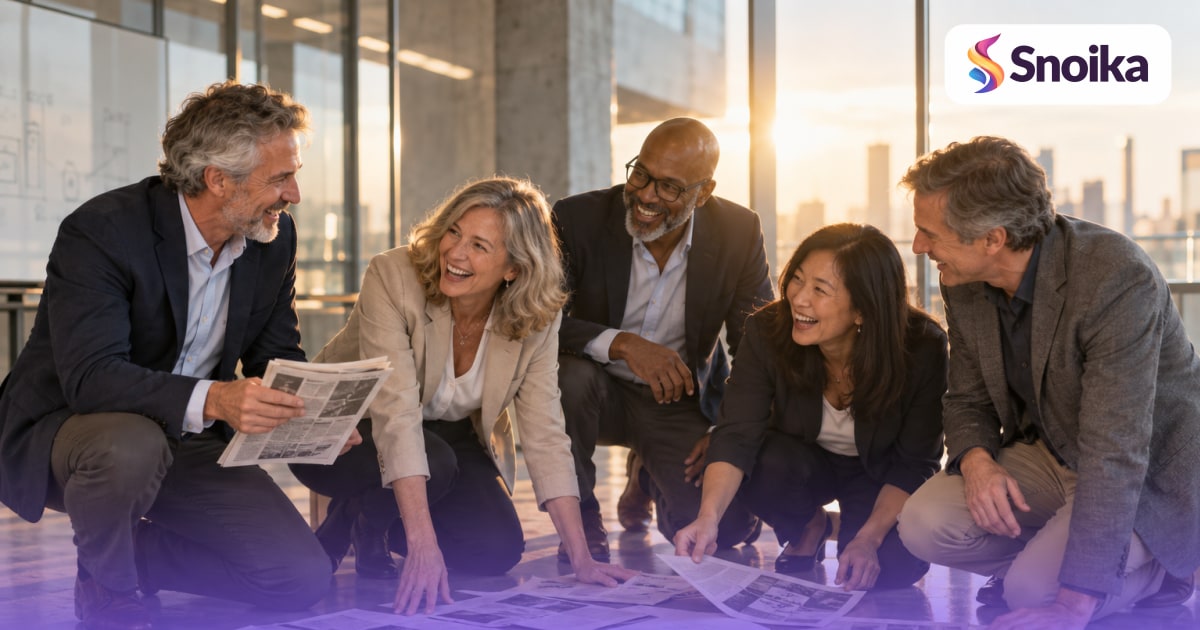 Five people in their fifties and sixties in a glass-walled meeting room with a whiteboard.