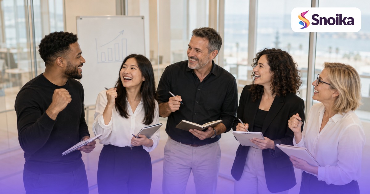 Five people, a mix of ages from twenties to fifties, in a glass-walled meeting room with a whiteboard.