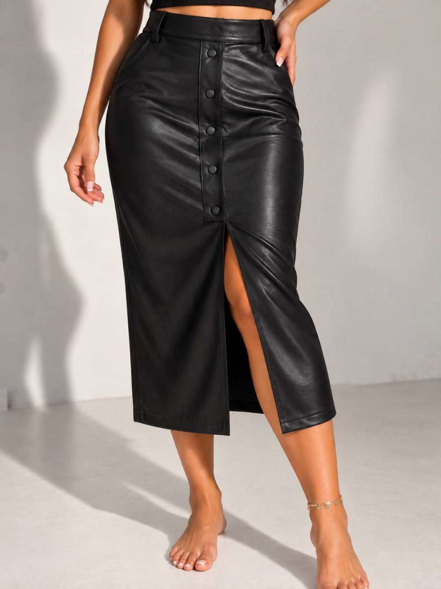 LEATHER LONG SKIRT — Black