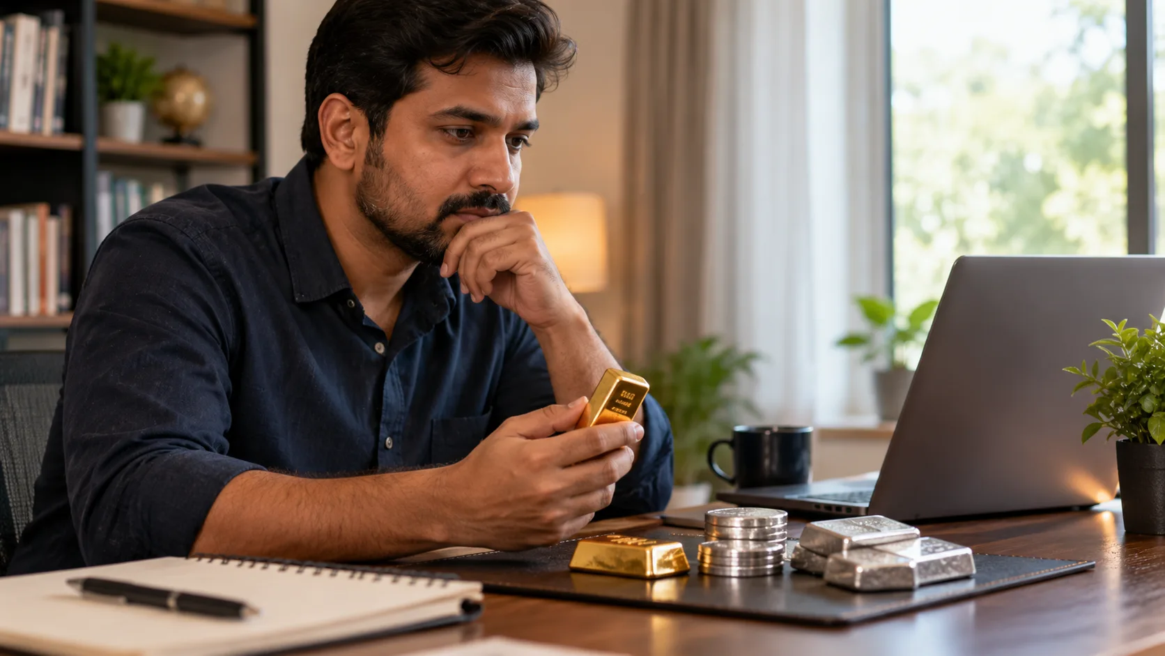 Investor reviewing physical gold and silver during a market correction