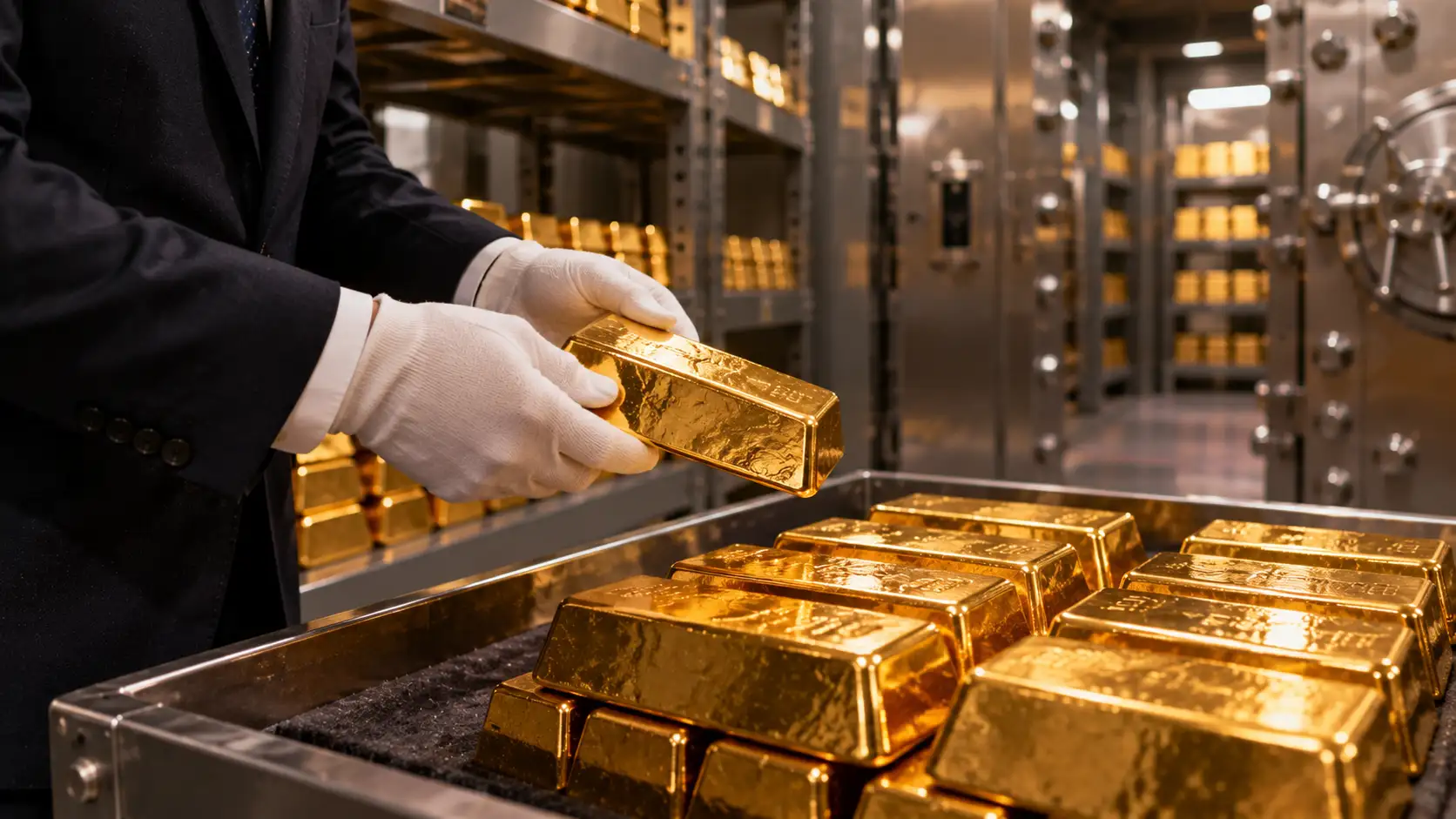 Gold bullion stored in a secure institutional facility representing financial demand