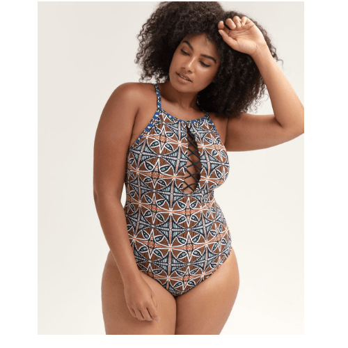 Printed One-Piece Swimsuit with Laced Details - Bleu Rod Beattie