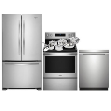 Whirlpool 33" Refrigerator; Electric Range; Dishwasher;11-Piece Cookware Package - Stainless Steel
