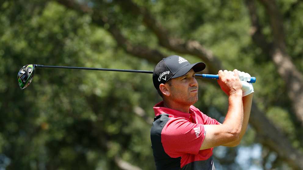 Sergio Garcia of Spain tees off on the 7th hole