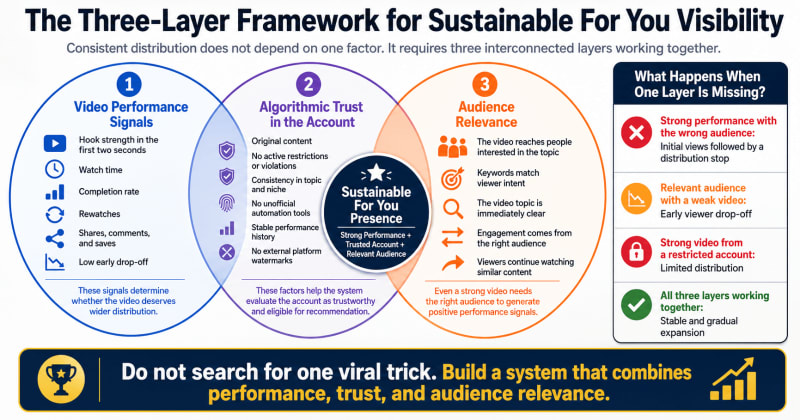 Diagram showing the three-layer TikTok FYP strategy: performance signals, account trust, and audience-content fit