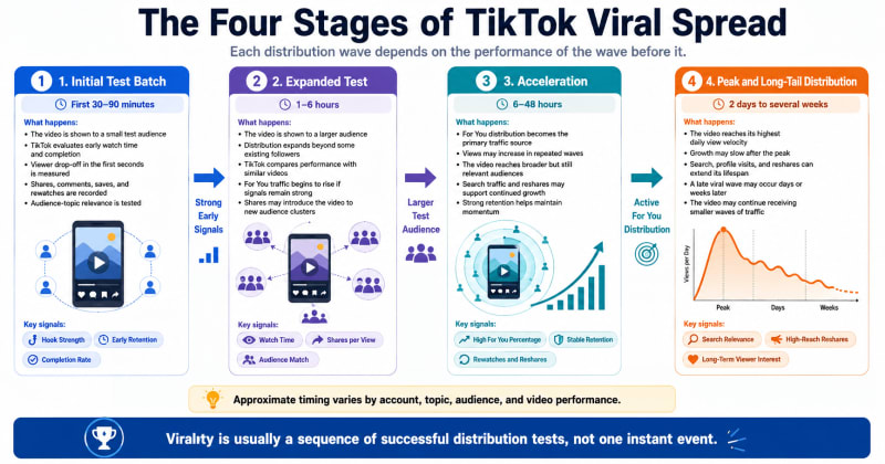 Diagram showing the four stages of TikTok video spread from the initial test batch to peak and stabilization
