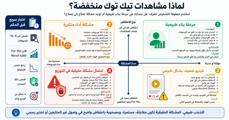 مصفوفة تشخيص مشاهدات تيك توك المنخفضة توضح الفرق بين مرحلة البناء الطبيعية والمشكلة الحقيقية