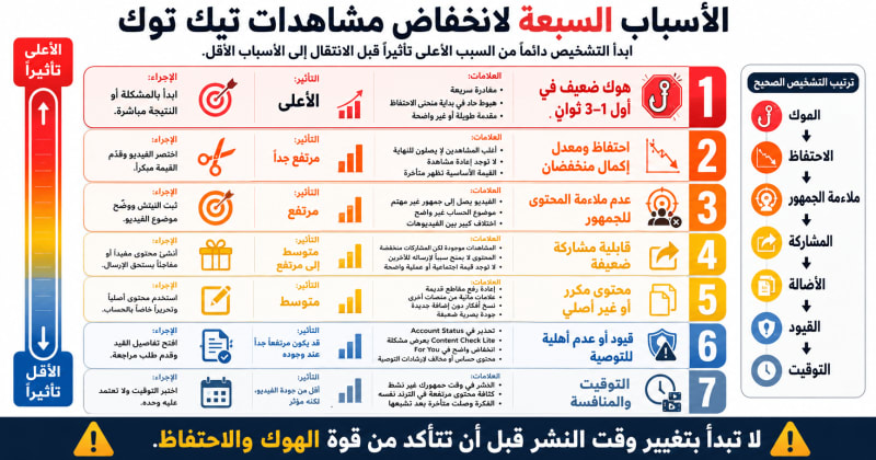 مخطط يوضح الأسباب السبعة لمشاهدات تيك توك المنخفضة مرتبة من الأعلى تأثيراً إلى الأقل