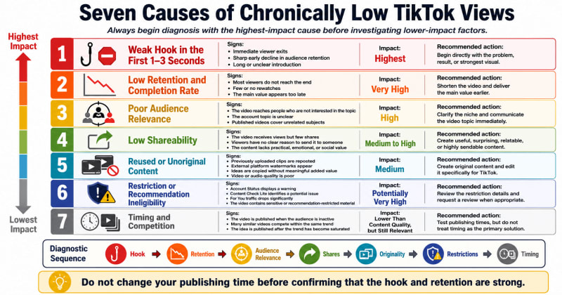 Chart showing the seven causes of chronically low TikTok views ranked from highest to lowest impact