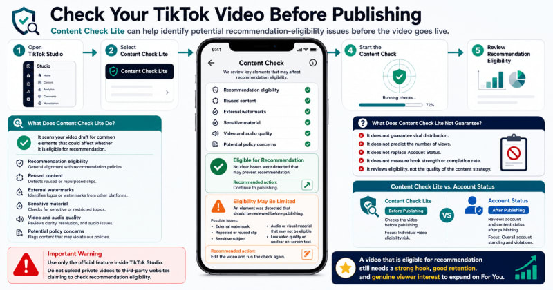 TikTok Studio Content Check Lite interface showing a pre-upload eligibility check for For You feed recommendation