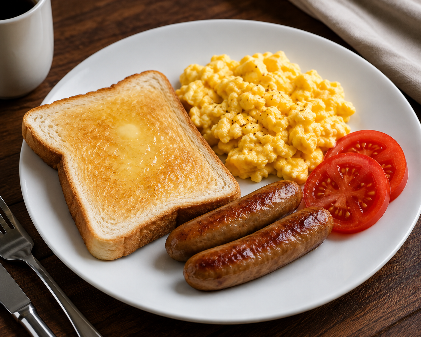 Toasted Bread, Egg sauce and Sausage meal image