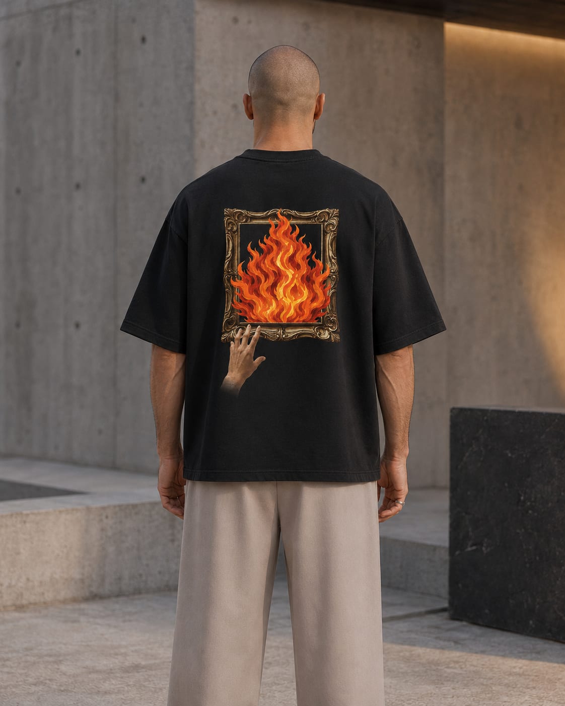 Back of the black Fire T-shirt, alternate angle