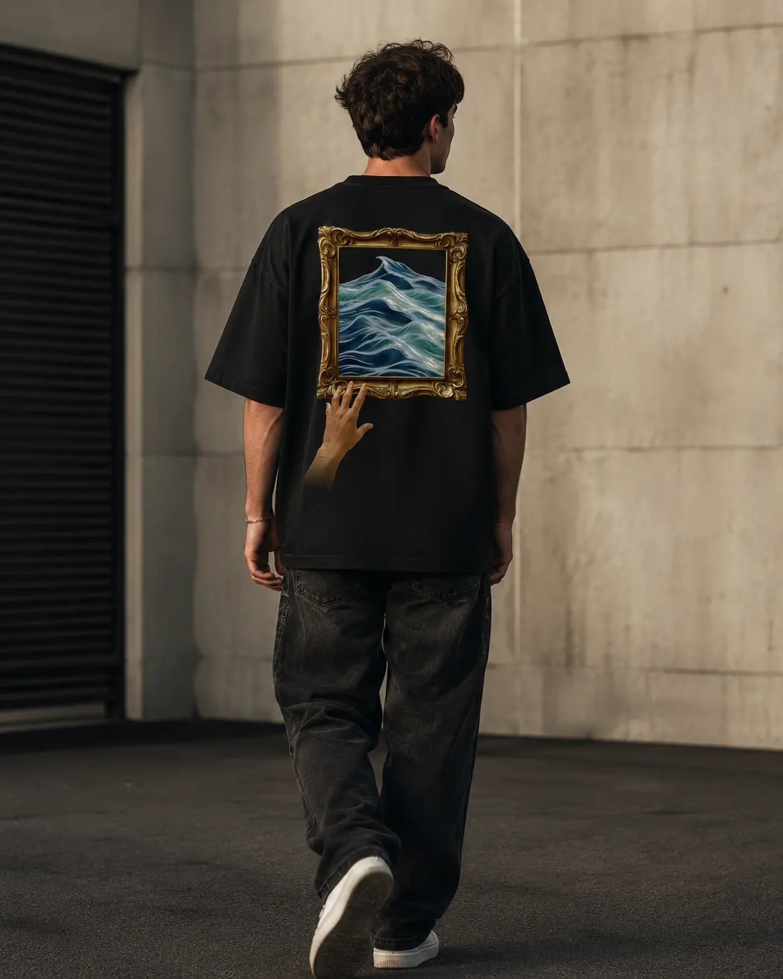 Do Not Touch model portrait in a Paris alley at golden hour, wearing an oversized black T-shirt