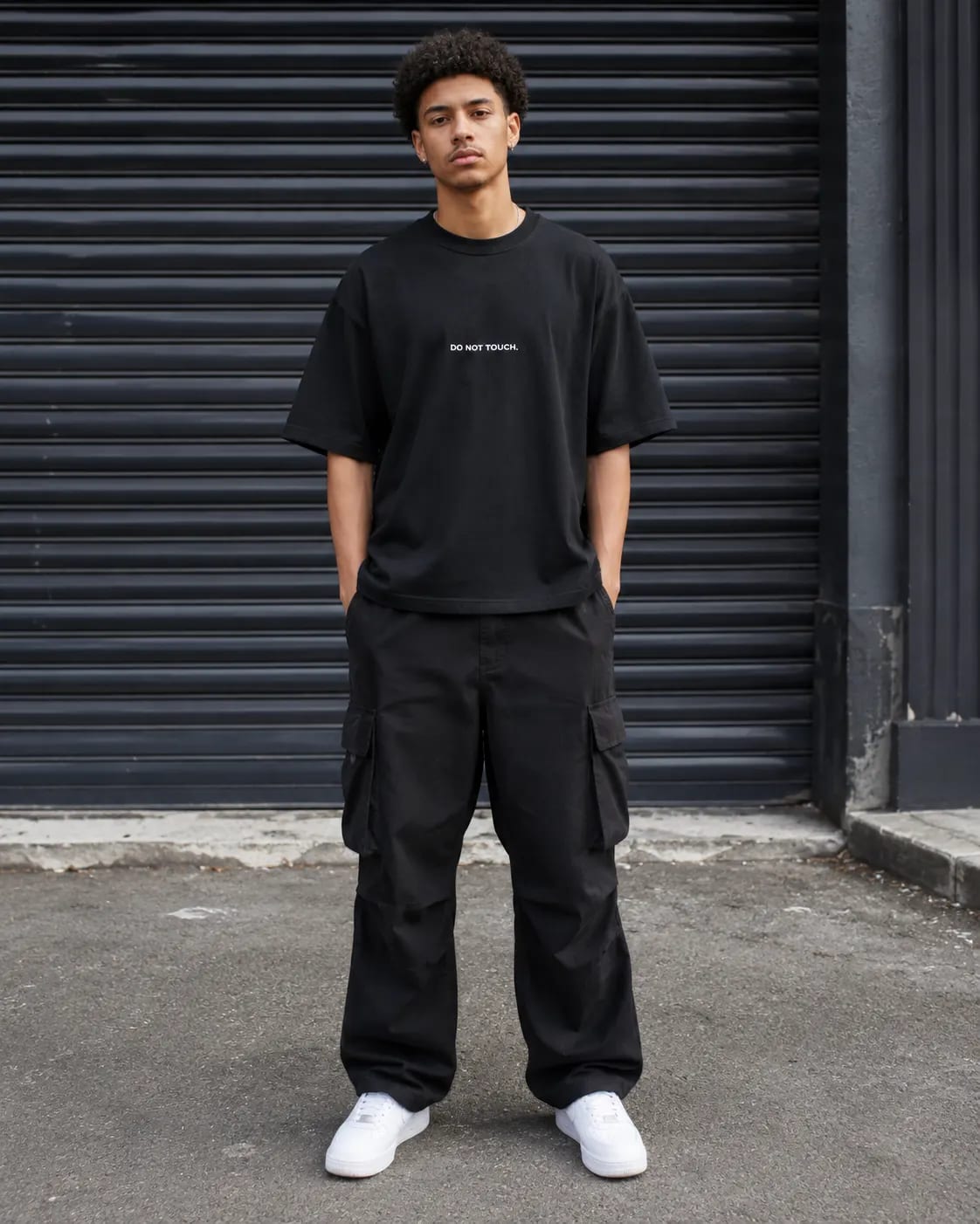 Full body view of a Do Not Touch black oversized box-fit T-shirt against a roller door backdrop